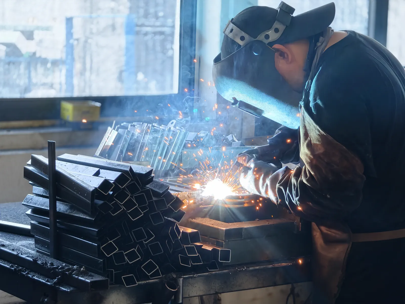 SHLION worker welding metal components during busy summer production