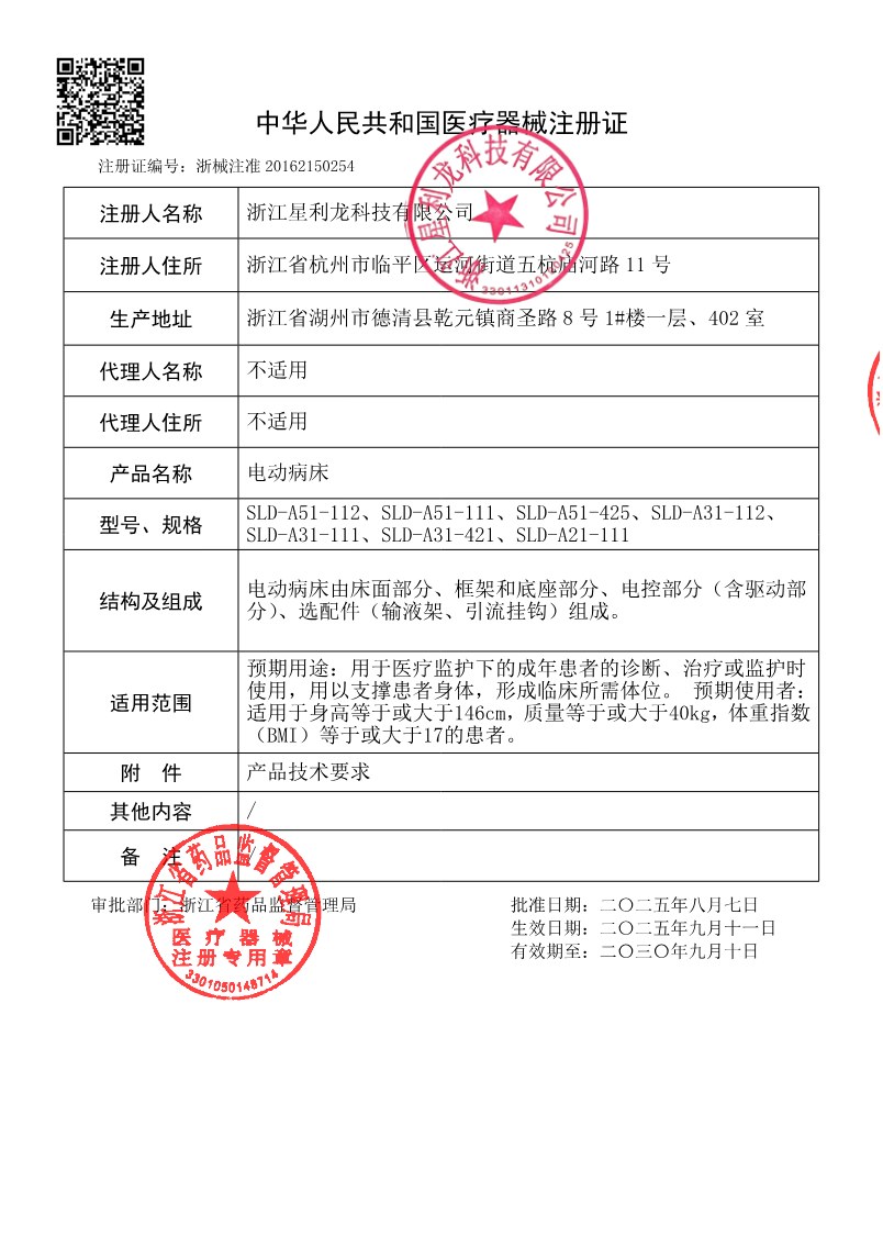 Preview of China Class II electric medical bed registration certificate