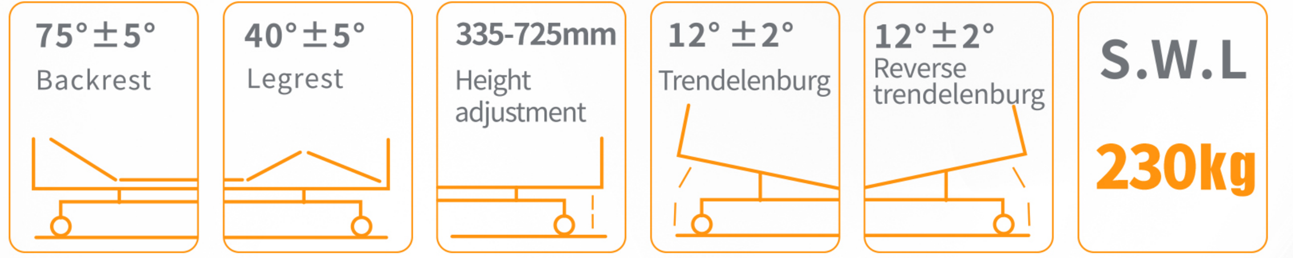 Backrest, legrest, height adjustment, trendelenburg and safe working load icons